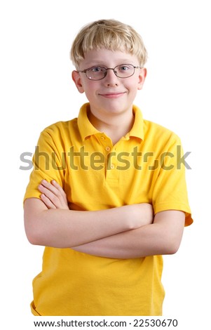 Young blond boy in yellow shirt on a white background. Smile