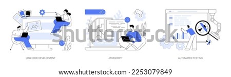 Web programming abstract concept vector illustration set. Low code development, JavaScript, automated testing, application software, JS development, usability analysis tool abstract metaphor. Royalty-Free Stock Photo #2253079849