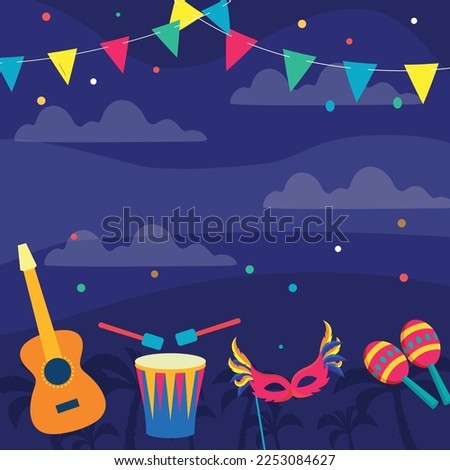 Carnival background. Vector illustration with confetti, flag garlands, masks and music instruments.