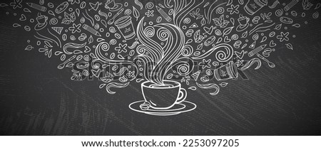 Hand drawn coffee doodles concept art. Coffee shop wall background illustration. Line drawing doodle collection with cups of coffee on dark background. Royalty-Free Stock Photo #2253097205