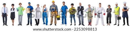 Hr job search concept design elements, full length portraits of group of people representing diverse professions of business, medicine, construction industry, collage Royalty-Free Stock Photo #2253098813