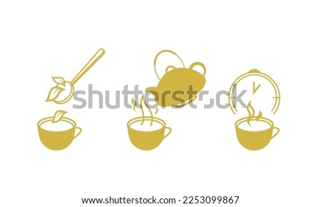 Tea or hot drink brewing instruction. Tea, coffee making process icons. Cup, spoon, teapot icons. How to make a hot drink Royalty-Free Stock Photo #2253099867