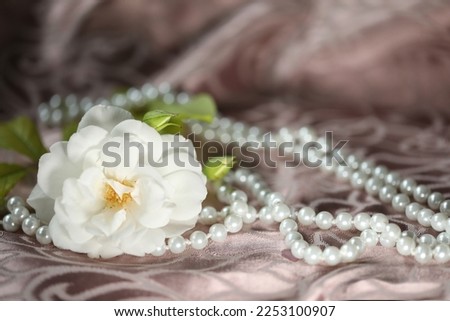 white beautiful rose with pearls on pink background. romantic. copy space 