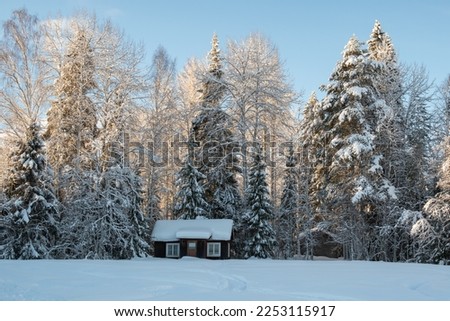 The pale winter sun The sun almost reaches the small cabin at the edge of the forest, picture from Vasternorrland Sweden.