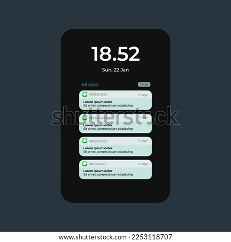 Notification screen UI Design. Notification Boxes Template for Iphone. Smartphone Message Interface. Vector illustration. Android. Smartphone. IMessages. We Chat. Line. Whatsapp. Samsung Galaxy Royalty-Free Stock Photo #2253118707