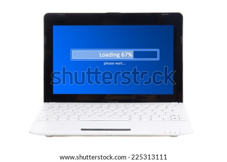 little laptop with loading panel on screen isolated on white background