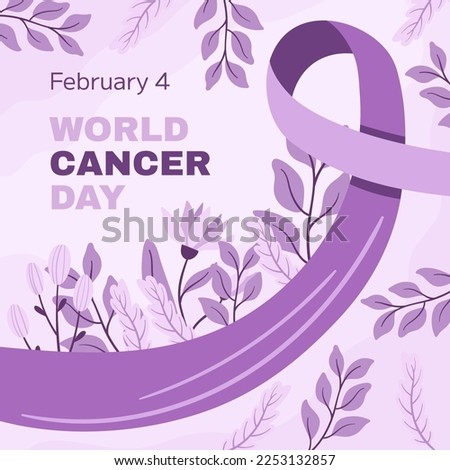 World Cancer Awareness Day February 4th. Lilac or purple ribbon symbol of cancer with flower and leaves. Stop cancer campaign Health care square template for social media or website