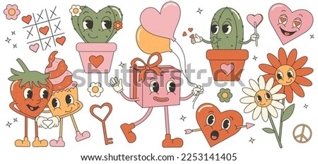 Trendy comic groovy valentines day sticker set with cupcake, strawberry, cactus, daisy and hearts. Retro valentines day. 70s 60s aesthetics.