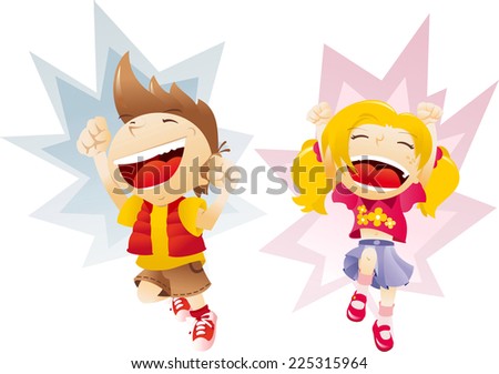 Boy and girl jumping with joy vector illustration.