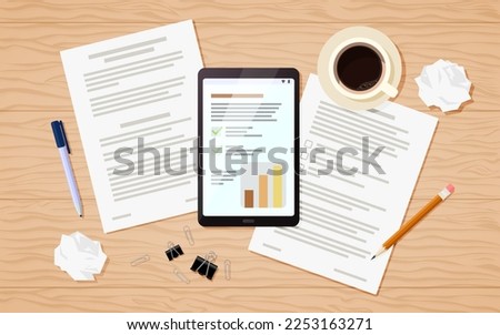 Mess in the workplace. Desktop view from above. Flat vector laying on the table of documents about the report, finance, graph. Tablet cartoon, coffee cup, pencil, pen, clip, paper clip and trash Royalty-Free Stock Photo #2253163271