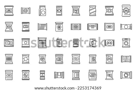 Snack pack icons set outline vector. Candy bag. Biscuit package Royalty-Free Stock Photo #2253174369