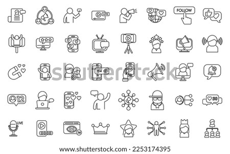 Influencer icons set outline vector. Video subscribe. Social content Royalty-Free Stock Photo #2253174395