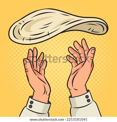 Pizza dough flying and pizzaiolo hands pinup pop art retro vector illustration. Comic book style imitation.