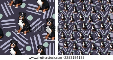 Seamless dog pattern, Christmas texture, birthday present packaging. Square format, decoration, wrapping paper. Trendy hand-drawn Bernese Mountain dog breed flat pastel vector. Berner Sennenhund.