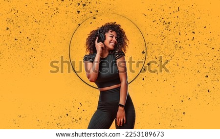 Download high resolution photo for advertising and promotion of electronics shop or fitness club in social networks. African american woman isolated on yellow background.
