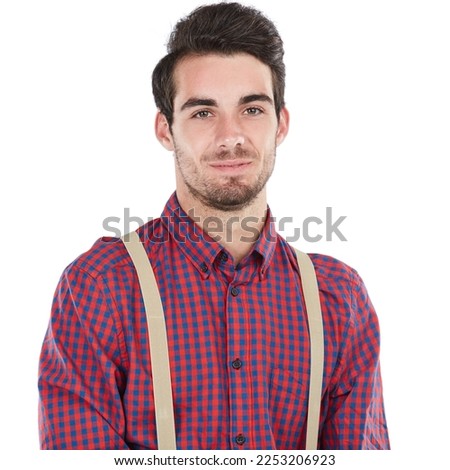 Smile, man and portrait of a nerd or geek with white background isolated and happy. Smiling, smart and nerdy style clothes of a man standing with happiness of a model feeling positive in plaid