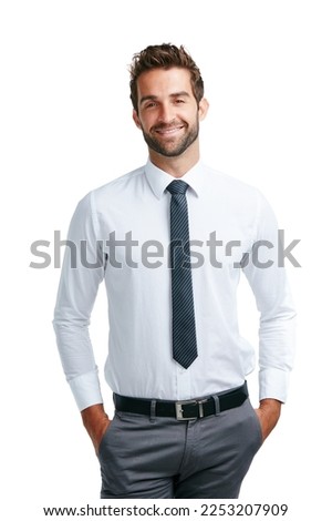 Businessman, portrait and happy face on isolated white background for about us, profile picture and ID. Corporate worker, employee and intern smile with vision, ideas and innovation on studio mock up