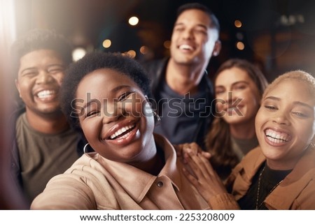 Happy people, portrait or night phone selfie in city for diversity party, New Year event or birthday celebration. Smile, bonding or friends on mobile photography pov, social media or profile picture