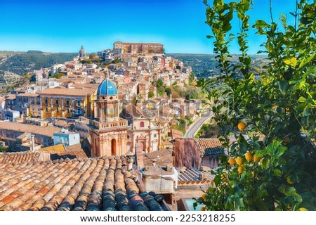 Sunrise at the old baroque town of Ragusa Ibla in Sicily. Historic center called Ibla builded in late Baroque Style. Ragusa, Sicily, Italy, Europe. Royalty-Free Stock Photo #2253218255