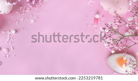 easter colorful eggs. Easter. Easter pink background. Easter flowers. Banner. copy space