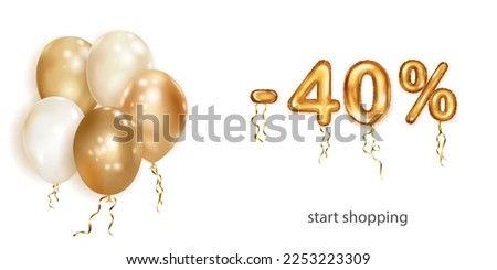 Discount creative illustration with white and gold helium flying balloons and golden foil numbers. 40 percent off. Sale poster with special offer on white background
