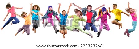Large group of happy children exercising, jumping and having fun. Isolated over white background. Childhood, happiness, active lifestyle concept
