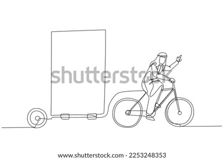 Drawing of arab man riding bicycle with billboard trailer concept of outdoor advertisement. Continuous line art