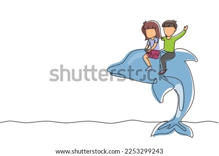 Single one line drawing little boy and girl riding dolphin together. Kids sitting on back dolphin in swimming pool. Children with dolphin swimming in water. Continuous line draw design graphic vector