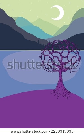 Colorful night landscape with tree, mountains and lake, minimalism style.