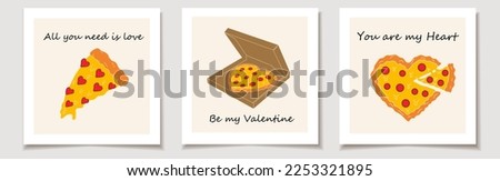 Set of Valentine's day cards with Set of three Pizza in the form of a heart. Love, Valentine's Day. Royalty-Free Stock Photo #2253321895