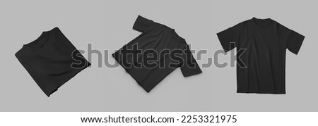 Mockup of black t-shirt oversize, folded, wrinkled clothing for men, women, isolated on background, front. Set. Fashion clothes unisex template for design, pattern, advertising in an online store.