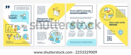 LGBTQI travel information blue and yellow brochure template. Safe trip. Leaflet design with linear icons. Editable 4 vector layouts for presentation, annual reports. Questrial, Lato-Regular fonts used