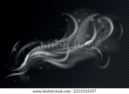 Realistic wind swirls snow composition with dark transparent background and view of air puff with snowflakes vector illustration