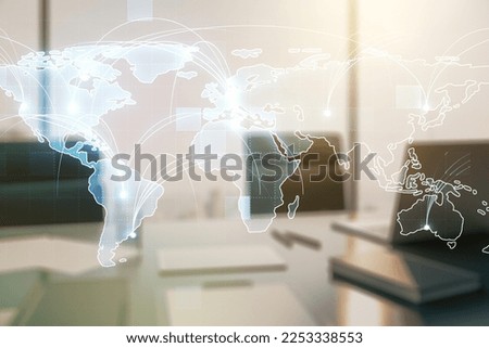 Abstract graphic digital world map with connections and modern desktop with pc on background, globalization concept. Multiexposure