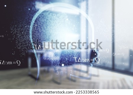 Creative artificial Intelligence concept with human head hologram and modern desktop with computer on background. Multiexposure