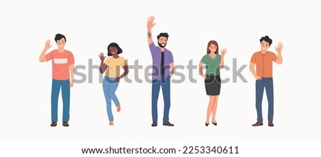 Different young women and men waives hands in hello gesture while smiling cheerfully. People stand full body. Flat style cartoon vector illustration.  Royalty-Free Stock Photo #2253340611