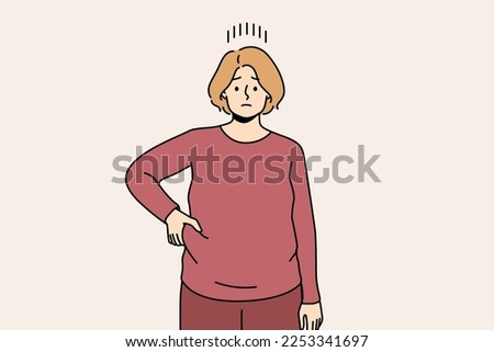Unhappy young woman touch fat on belly distressed with excessive weight. Upset overweight female distressed with obesity show extra kilos. Vector illustration.  Royalty-Free Stock Photo #2253341697