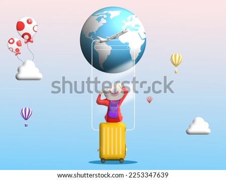 Tourist Women rest sitting on luggage looking to world with balloon, cloud, plane and smartphone transparent on blue sky background. Illustration 3D for content happy holiday, weekend relax time.
