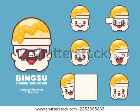 bingsu cartoon. korean dessert vector illustration with different expressions