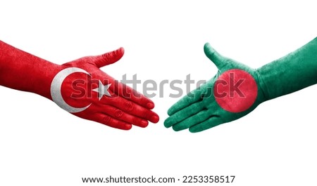 Handshake between Bangladesh and Turkey flags painted on hands, isolated transparent image.
