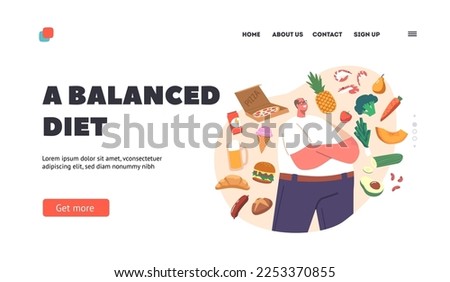 Balanced Diet Landing Page Template. Food Choice Concept with Fat Overweight Male Characters Choose between Healthy and Unhealthy Meals. Man Choose Nutrients. Cartoon People Vector Illustration Royalty-Free Stock Photo #2253370855