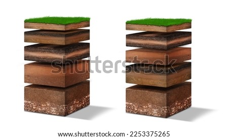 Isometric Soil Layers diagram, Cross section of green grass and underground soil layers beneath, stratum of organic, minerals, sand, clay, Isometric soil layers isolated on white Royalty-Free Stock Photo #2253375265