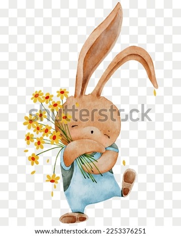 Cute Rabbit holding flower,Cartoon Watercolour hand paint funny Bunny,Hare character element for Easter greeting card,Spring,Summer poster,Vector illustration portrait animal on transparent background