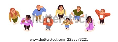 Overhead people looking up. Surprised characters faces watching, staring, top down view. Amazed shocked men, women standing, gazing. Flat graphic vector illustrations isolated on white background