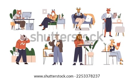 Anthropomorphic animals with phones, computers, books set. Funny fancy characters with bear, lion, tiger, fox, giraffe heads and human bodies. Flat vector illustrations isolated on white background Royalty-Free Stock Photo #2253378237