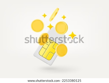 Falling gold coins and mobile sim card isolated on white background. 3d vector illustration Royalty-Free Stock Photo #2253380125