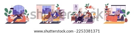 People relaxing on couches set. Couple, family with child, man with pet dog watching TV, movie, resting on sofa at leisure at home, apartment. Flat vector illustrations isolated on white background Royalty-Free Stock Photo #2253381371