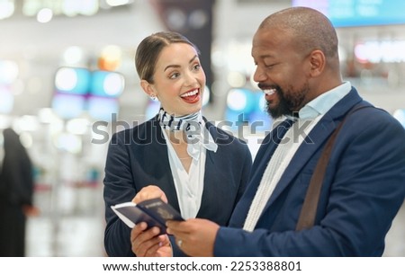 Airport woman, african businessman and passport inspection with compliance check, reading and international travel policy. Corporate black man, concierge or air hostess with comic smile for documents