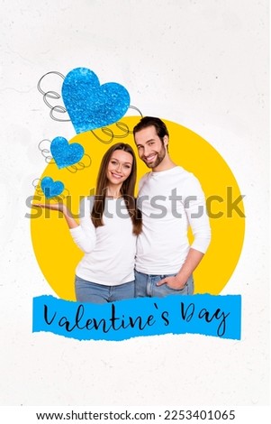 Vertical collage picture of two cheerful partners embrace hand hold demonstrate heart symbols valentine day isolated on painted background