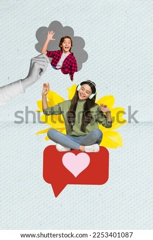Photo 3d collage magazine poster artwork sketch of funky crazy boy girl dream meeting isolated on painted background